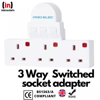 Compact Switched 3 Way UK Wall Socket Adaptor with Neon Indicator