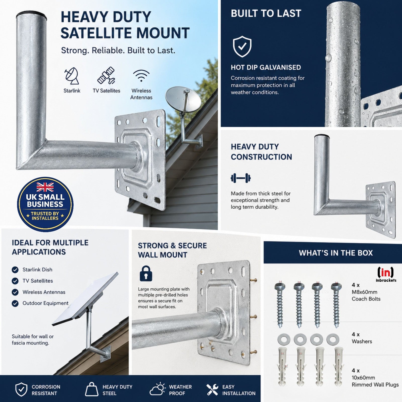 Heavy-Duty Satellite Mount with Features and Specifications on a Blue and White Background