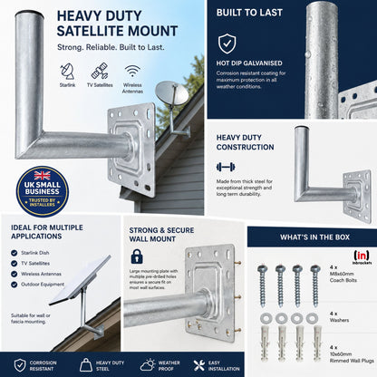 Heavy-Duty Satellite Mount with Features and Specifications on a Blue and White Background