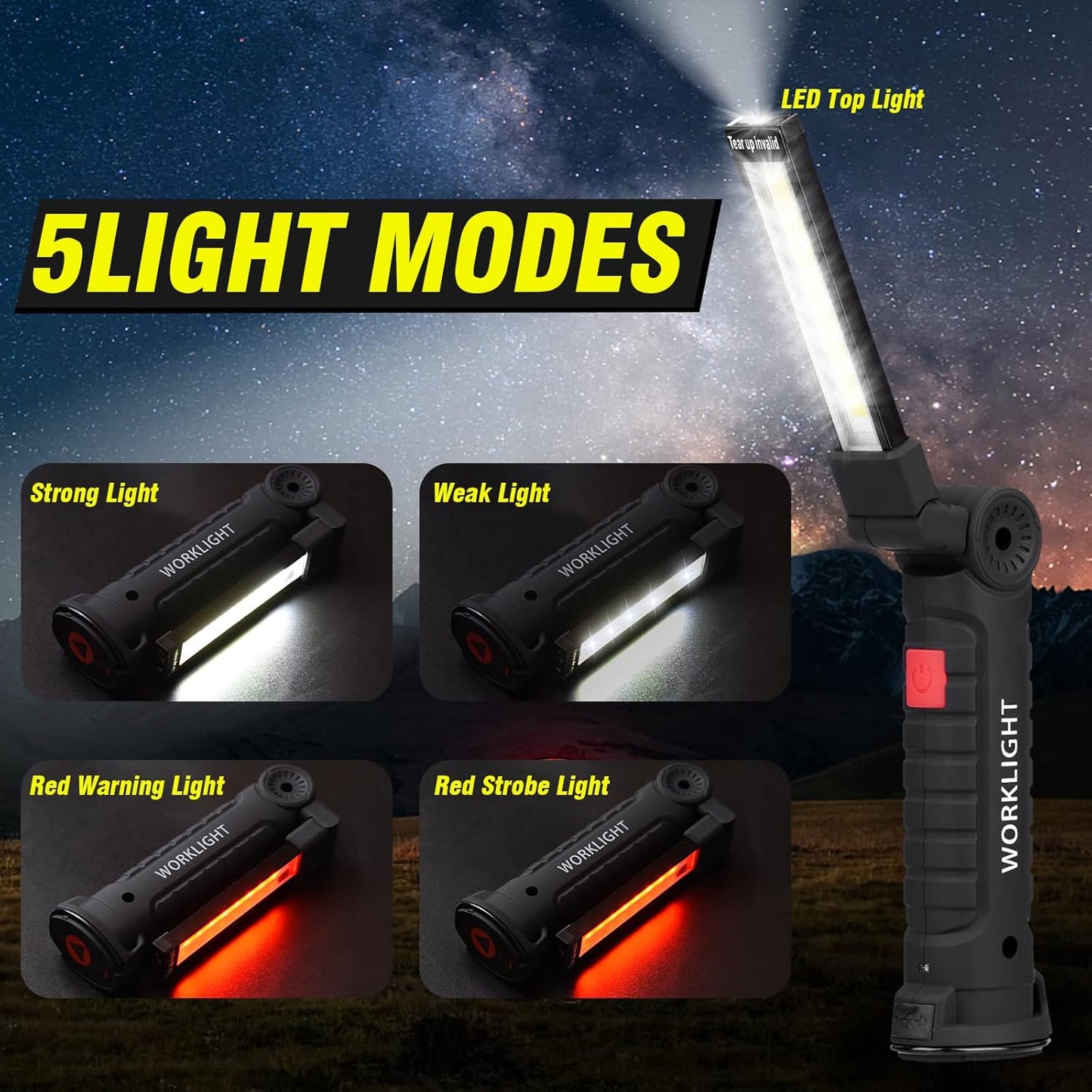 WorkLight LED Torch Rechargeable Inspection Lamp Mechanic Light 5 modes -2 Pack