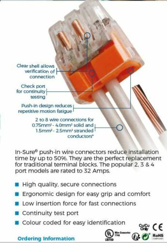 IDEAL PUSH IN ELECTRICAL WIRE CABLE LEAD CONNECTOR 3 PORT TERMINAL PACK of  10