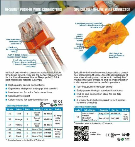 IDEAL PUSH FIT ELECTRICAL WIRE CABLE LEAD CONNECTORs spliceline + 2 3 4 port x40